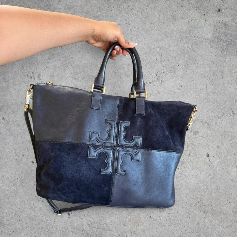 Tory Burch Navy Blue ‘Natalie’ Leather and Suede Satchel/Shoulder/Crossbody Bag - Picture 3 of 8